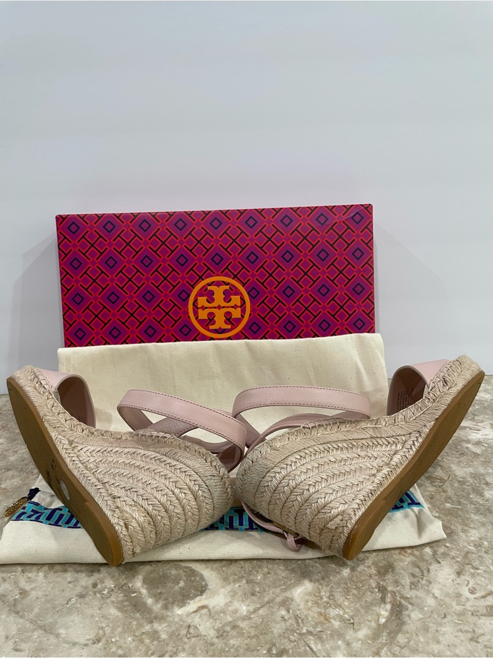 Tory Burch Blush Leather Espadrille Wedge Sandals